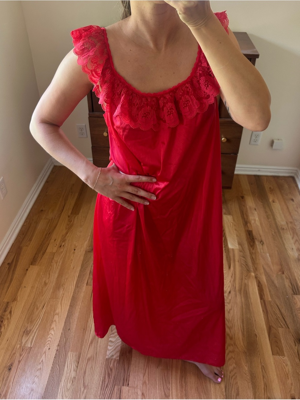 Vintage Red Lace-Trim Long Nightgown